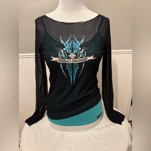 🔥Harley-Davidson Women's Black and Teal Long Sleeve Tee🖤